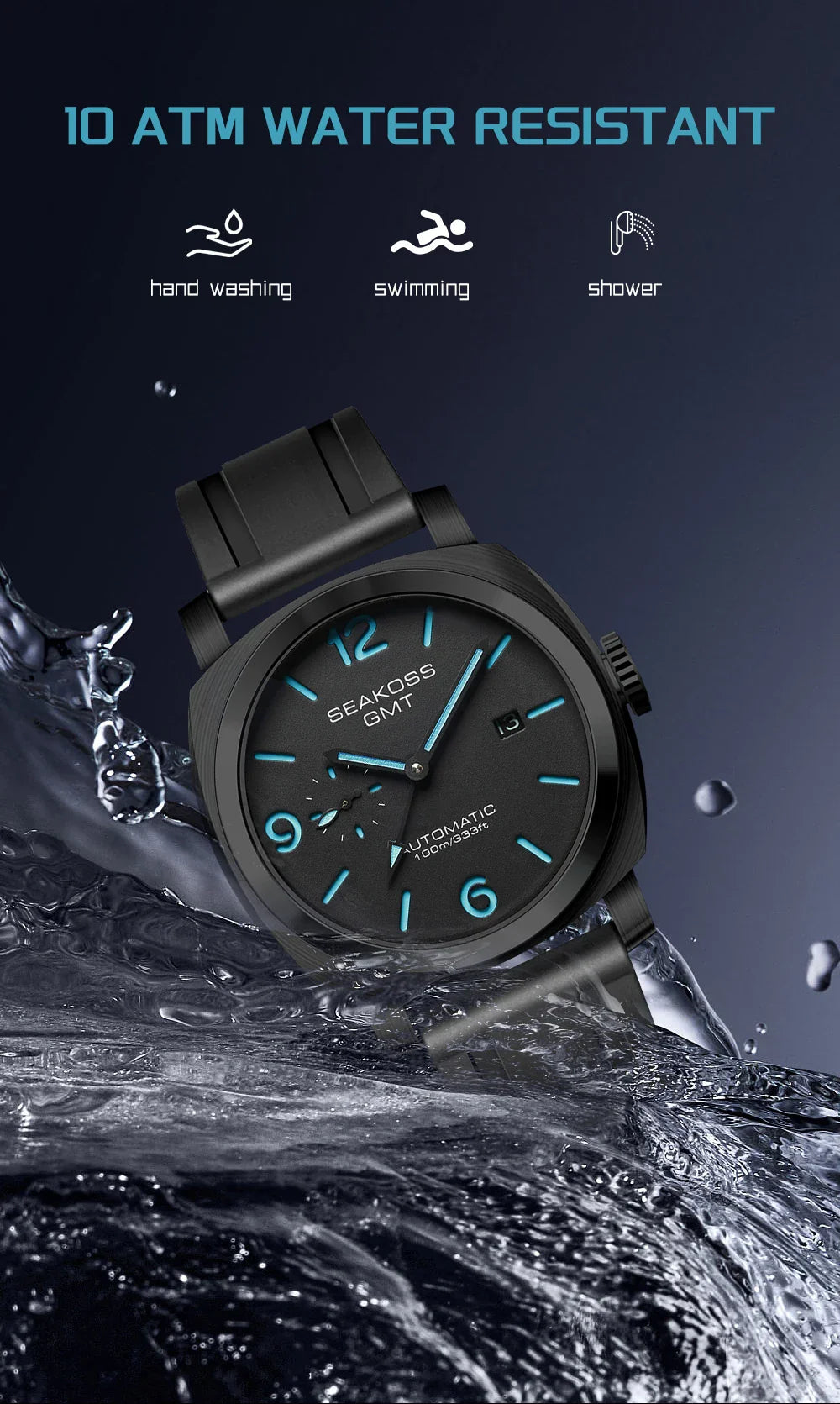 SEAKOSS GMT Men’s Diving Automatic Mechanical Watch — 10ATM Waterproof, 1963 Original 2557 Movement, Calendar, Sapphire Crystal