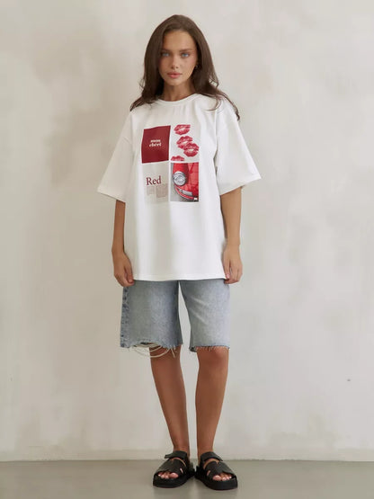 Women’s Y2K Graphic Print T-Shirt – Pure Cotton Short Sleeve Retro High Street Summer Top