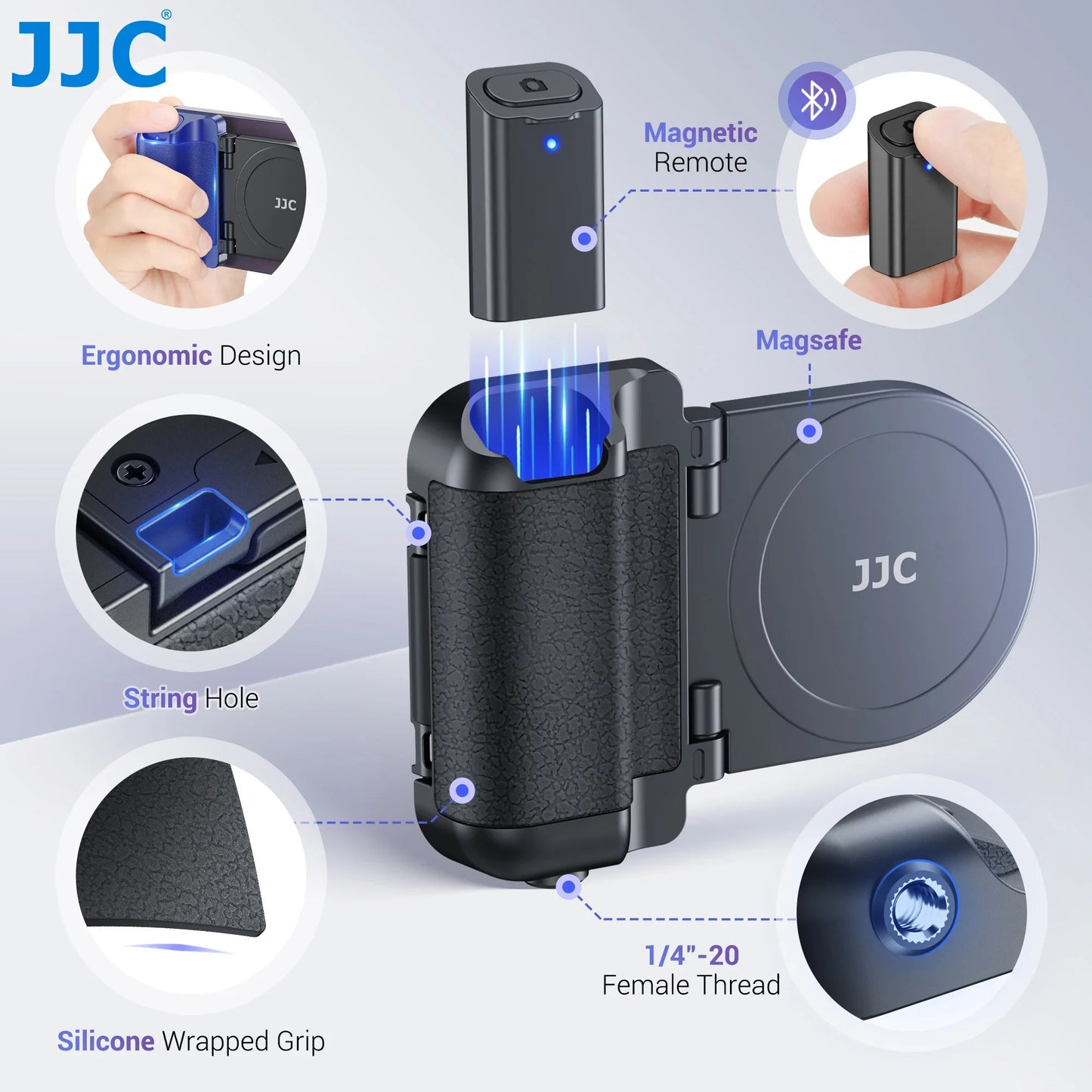 JJC Magnetic Snapgrip: Magsafe Phone Hand Grip with Bluetooth Remote Control - Handheld Shutter Tripod Mount for Vloggers