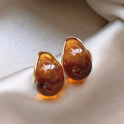 Retro Brown Resin U-Shaped Hoop Earrings — European & American Geometric Earrings for Women, Simple Fashion Jewelry Gift