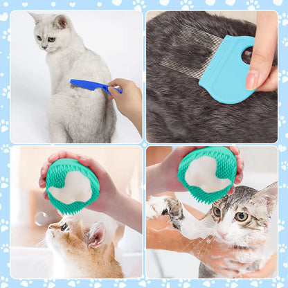 8Pcs Cat Grooming Kit – Flea Comb, Shedding Brush, Pet Shampoo Bath Brush & Silicone Toothbrush Set for Cats & Pets