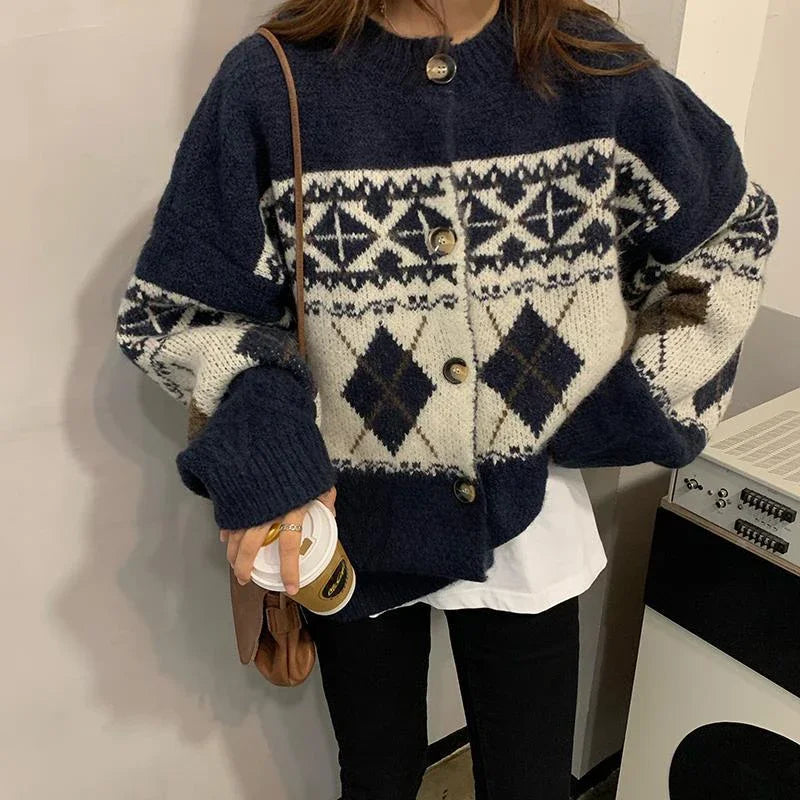 HELIAR Women’s Korean Patchwork Cardigan – Vintage Argyle Knit Sweater with Long Sleeves & Casual O-Neck