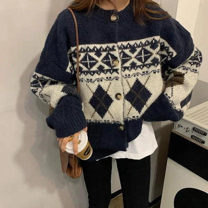 HELIAR Women’s Korean Patchwork Cardigan – Vintage Argyle Knit Sweater with Long Sleeves & Casual O-Neck