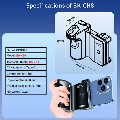 BK-CH8 Stepless Zoom Phone Camera Grip with Bluetooth Remote Shutter for iPhone & Android Selfie Controller Handle Booster Grip