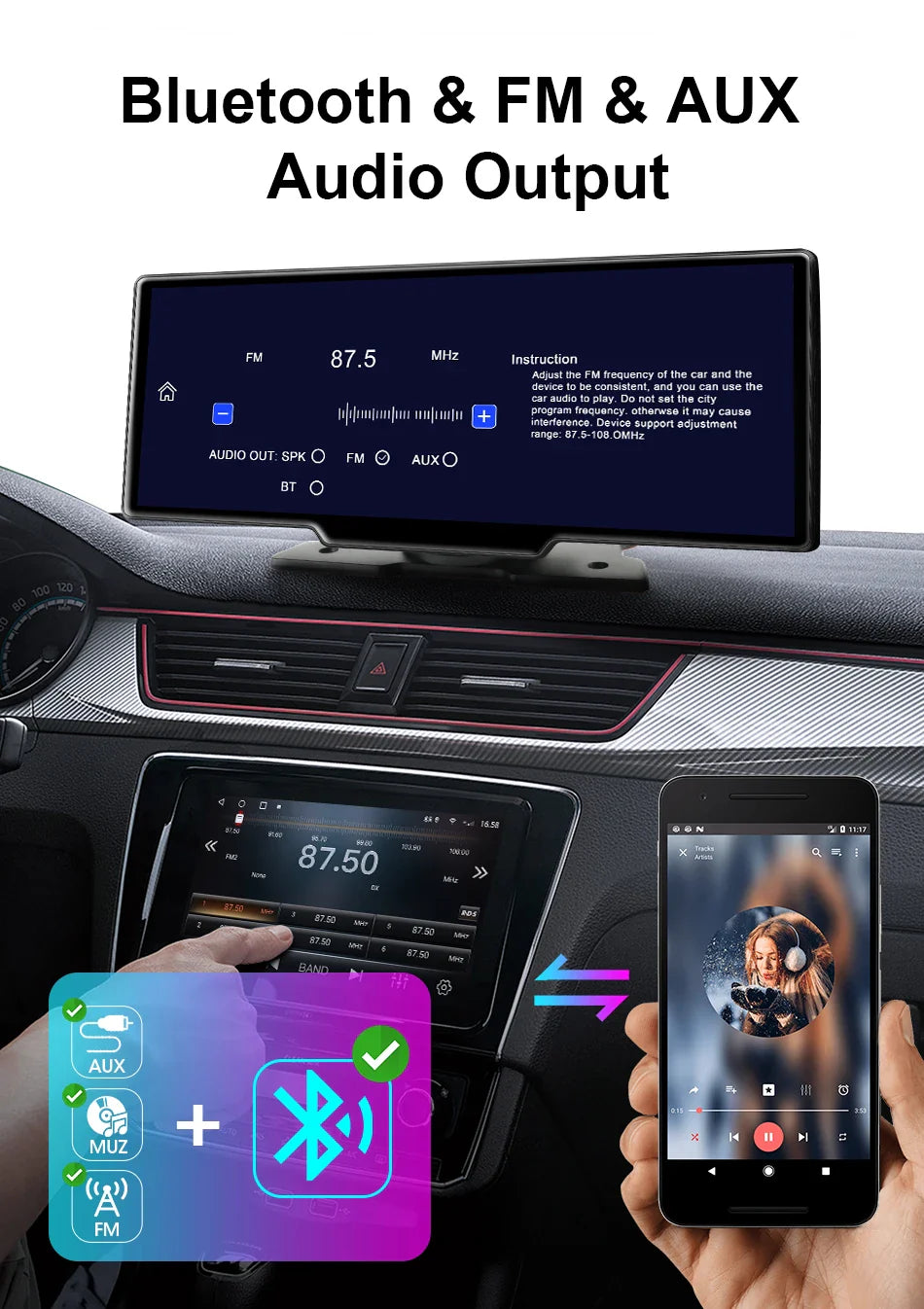 10.26'' 4K Car DVR Dashcam with CarPlay, Android Auto, Dual Lens Front 4K + Rear 1080P, Voice Control, GPS, BT, FM