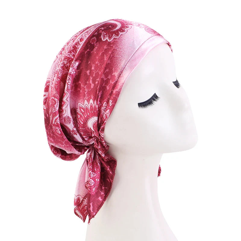Women’s Satin Pre-Tied Turban – Paisley Pattern Muslim Headband & Chemo Hair Scarf Head Wrap Bandana