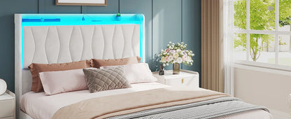 Queen Size Upholstered Platform Bed Frame with LED Lights, 3 Storage Drawers & USB Charging Station – Velvet Finish
