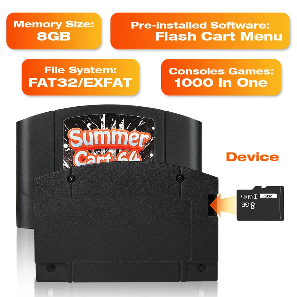 SummerCart 64 Game Card for N64 – Retro ED 64 Cartridge for Nintendo 64, 8GB TF Card, No Region Restriction