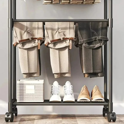 Adjustable Double Rod Telescopic Coat Rack | Floor-Standing Movable Clothes Hanger for Bedroom