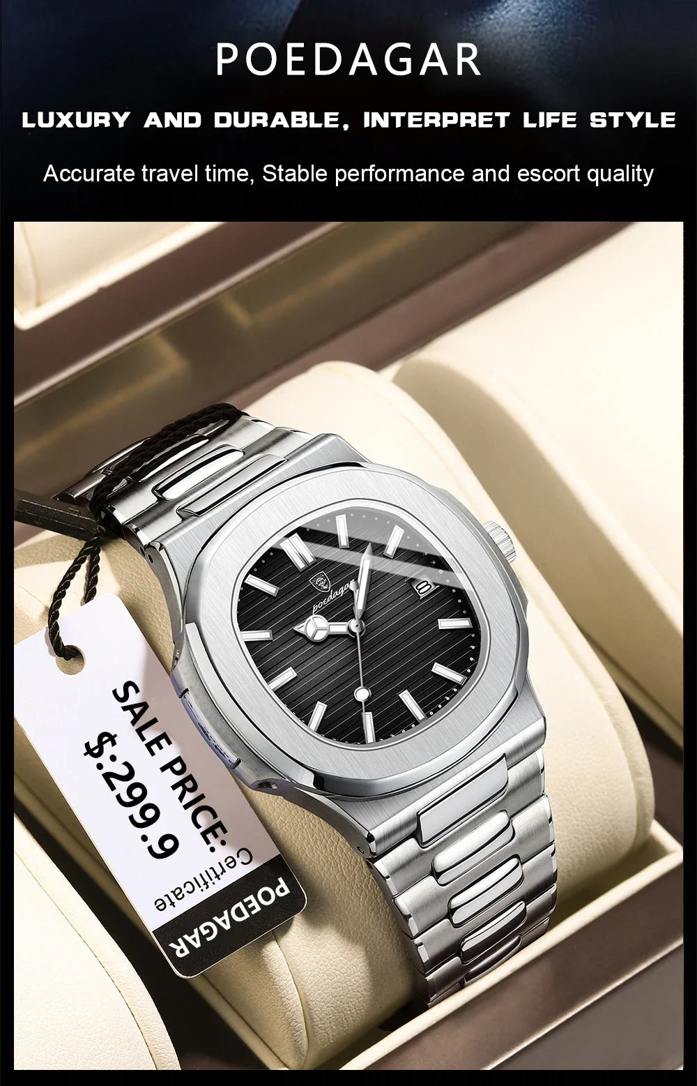 POEDAGAR Luxury Men's Sports Watch — Waterproof Luminous Quartz Wristwatch with Square Dial & Date