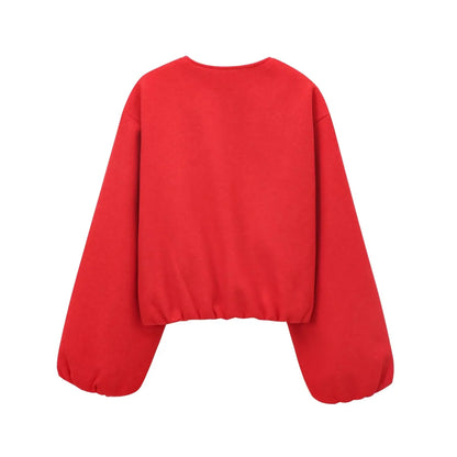 TRAF Women’s Red Zipper Bomber Jacket – Soft Cropped Sports Jacket, Long Sleeve 2024 Outerwear