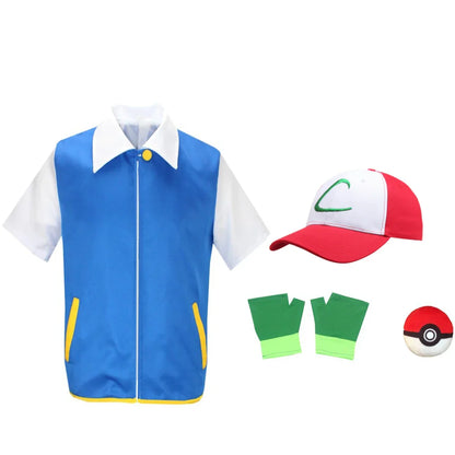 Cartoon Anime Ash Ketchum Trainer Blue Jacket Costume with Hat & Gloves for Kids Pokémon Go Cosplay Party