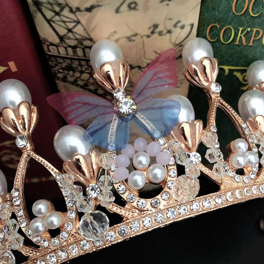 Model Catwalk Princess Crown - Handmade Butterfly Pearl Headband Tiara for Girls