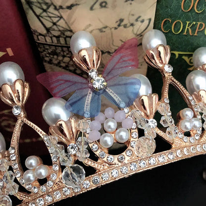 Model Catwalk Princess Crown - Handmade Butterfly Pearl Headband Tiara for Girls