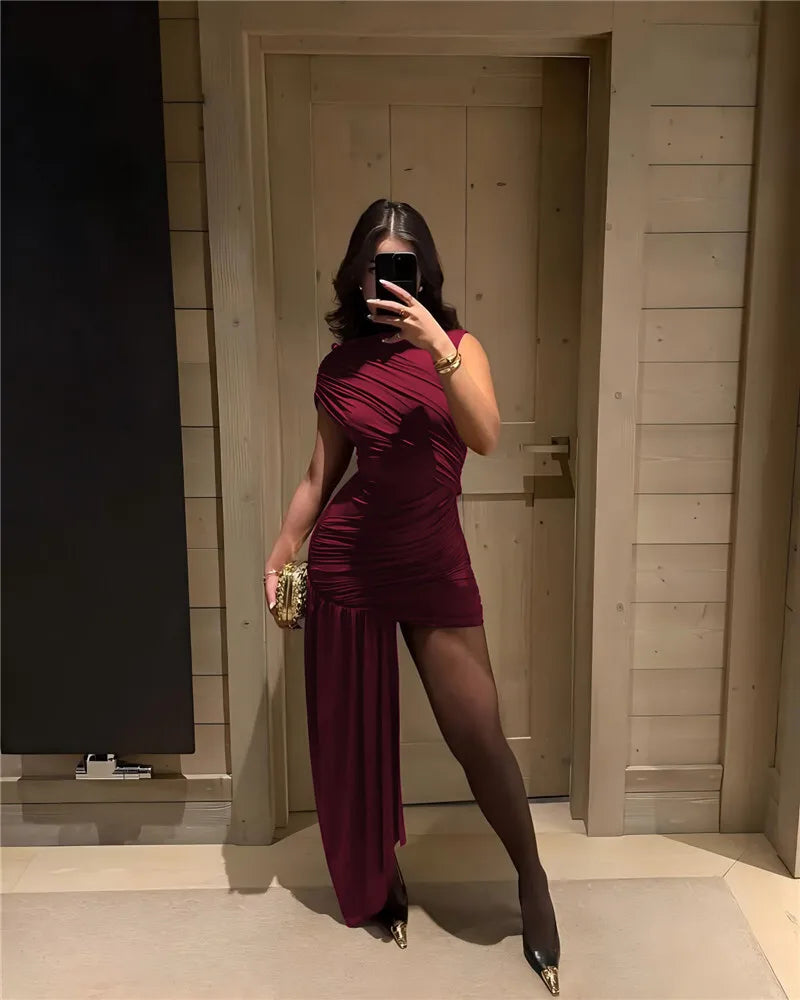 Balitops Summer Draped Ruched Mini Dress – 2025 Irregular High Waist Slim Fit Elegant Club Tank Dress for Women