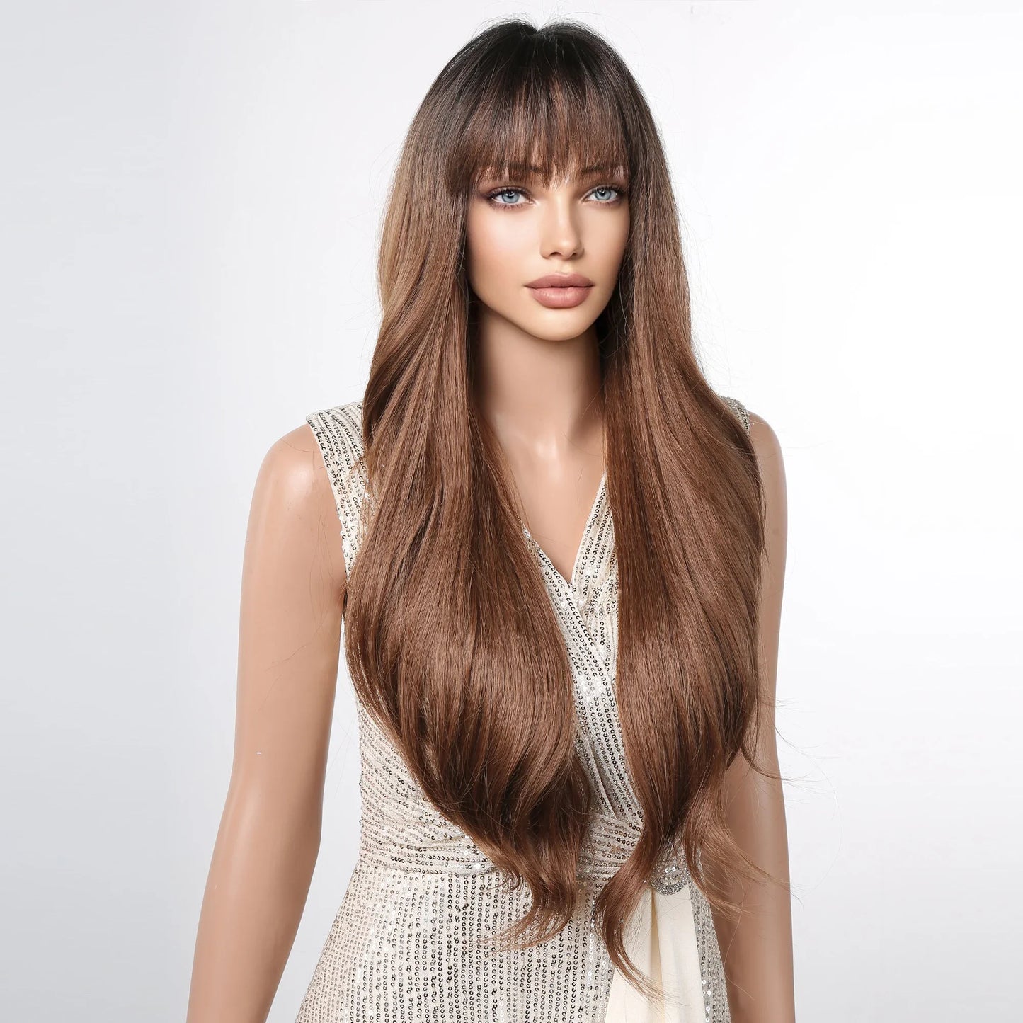 Ombre Honey Brown Long Synthetic Wig with Bangs — Wavy, Realistic, Soft, Heat-Resistant Hair for Daily & Party