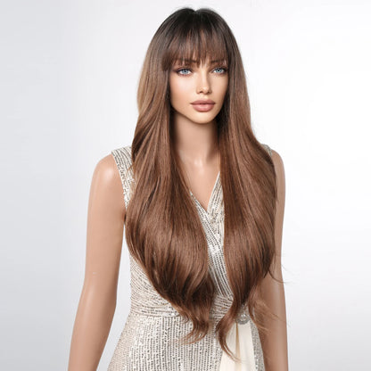 Ombre Honey Brown Long Synthetic Wig with Bangs — Wavy, Realistic, Soft, Heat-Resistant Hair for Daily & Party
