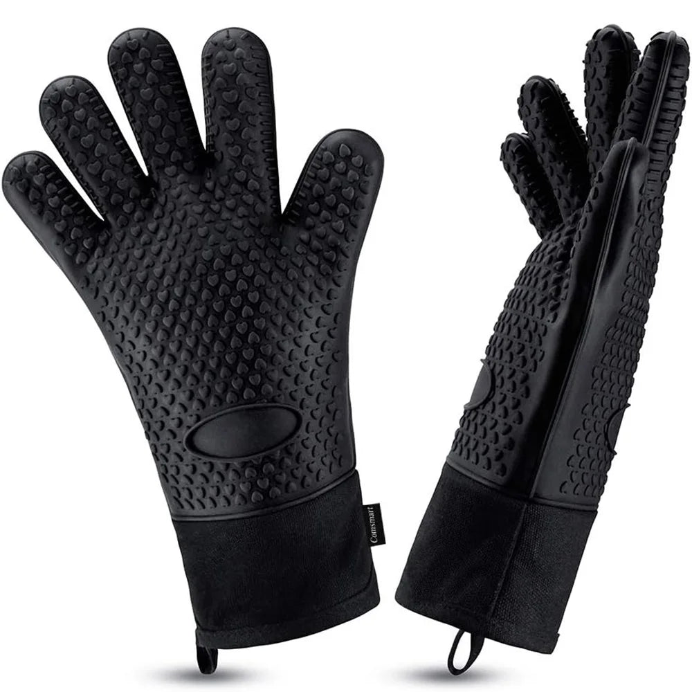 Heat-Resistant Silicone Gloves – Non-Slip Oven Mitts for Kitchen, BBQ, Baking & Cooking with Canvas Stitching