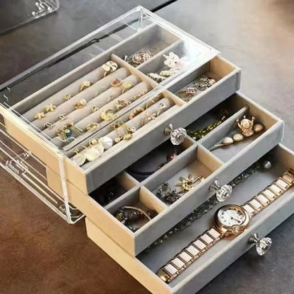 Velvet Acrylic Jewelry Organizer with 3 Stackable Drawers - Storage Case for Earrings, Necklaces, and Bracelets for Women