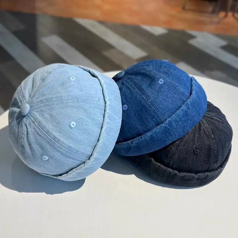 Fashion Denim Docker Cap - Adjustable Brimless Sailor Hat for Men & Women