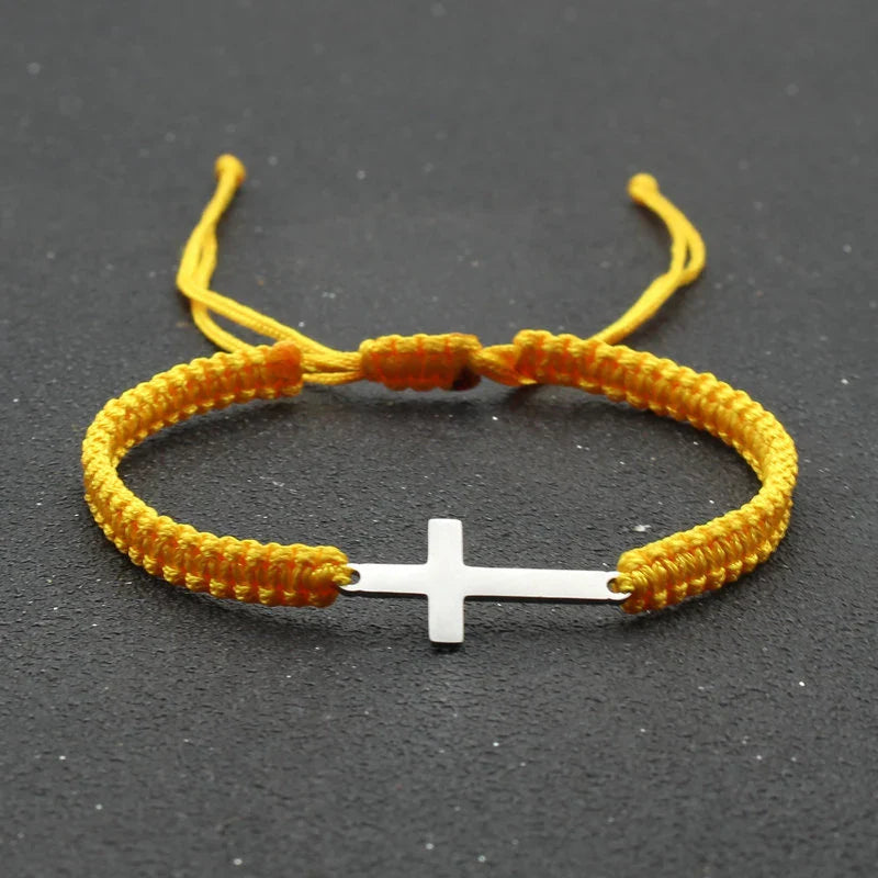 Adjustable Stainless Steel Cross Bracelet with Handwoven Colored Cord – Unisex Couple Friendship Jewelry