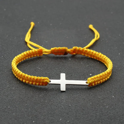 Adjustable Stainless Steel Cross Bracelet with Handwoven Colored Cord – Unisex Couple Friendship Jewelry