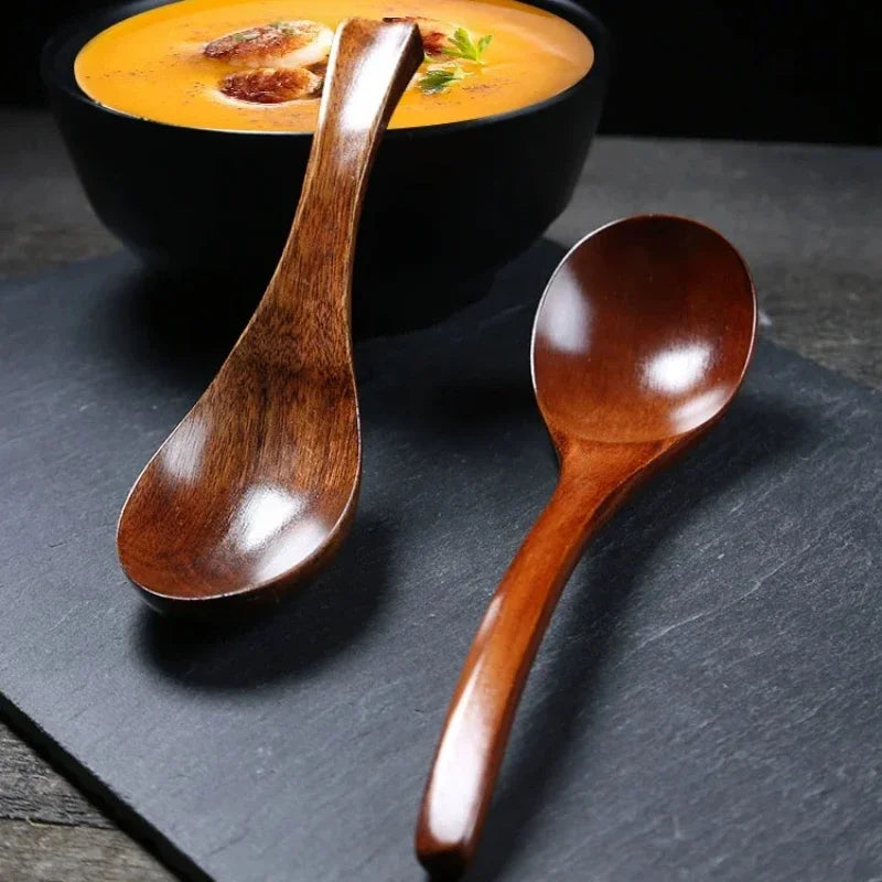 Wooden Soup Spoon — Long & Short Handle Kitchen Utensil for Korean & Japanese Cooking, Ramen & Daily Use