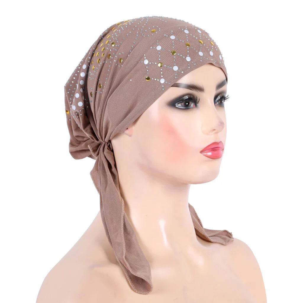 H089 Women’s Turban Hijab – Fashion Gold Sequin Islamic Headscarf, Pull-On Amira Headwrap