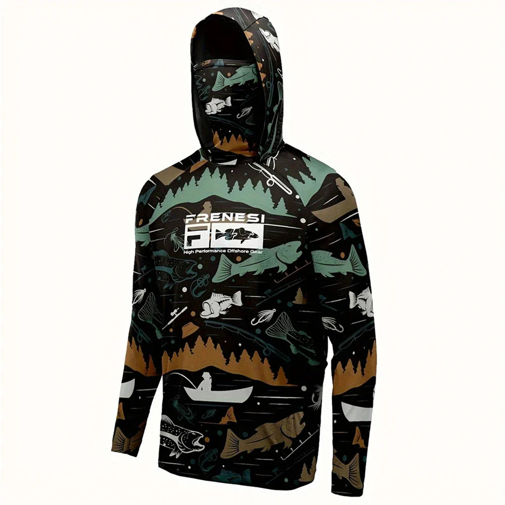 Men's Fishing Shirt with Sun Protection – All in One Hoodie Mask, UPF 50+ T-Shirt for Hunting, Camping & Angling