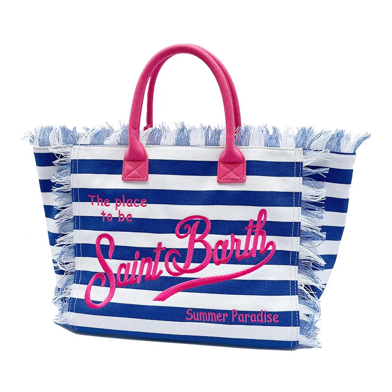 Saint Barth Large Capacity Women's Beach Handbag – European & American Style, Deep Blue Striped Tassel Tote