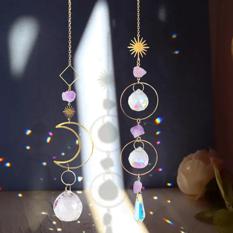 Moon Crystal Suncatcher: Hanging Rainbow Prism Wind Chime with Crystal Pendants, Ideal for Christmas Tree and Home Decor