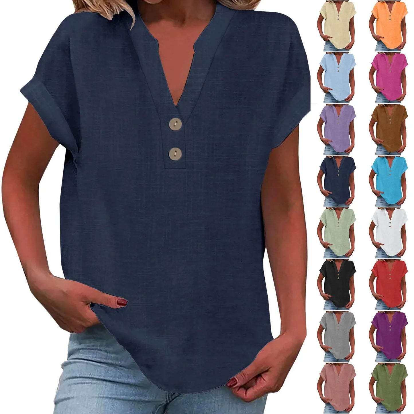 Women’s Summer Cotton Linen V-Neck Button Down Shirt – Breathable Casual Office Top in Solid Colors