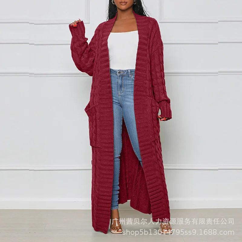 Open Front Cable Knit Longline Cardigan for Women – Long Sleeve, Loose Fit, Casual Fashion Knitwear, Solid Color