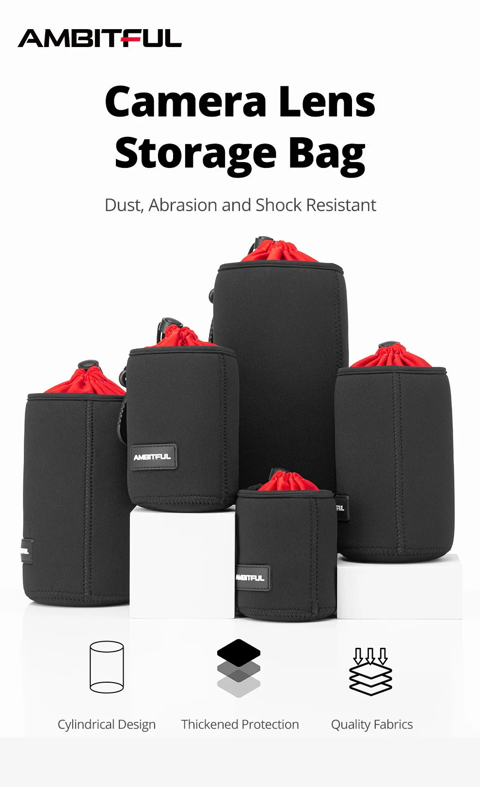AMBITFUL Camera Lens Drawstring Bag — S/M/L/XL Pouches for Canon, Sony, Nikon DSLR Lenses