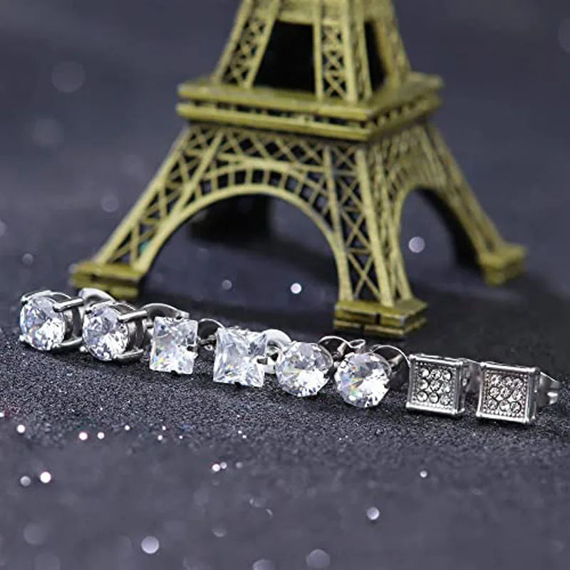 1–8 Pairs Stainless Steel Cubic Zirconia Stud Earrings Set – 6MM Unisex Minimalist Ear Piercing Jewelry for Men & Women