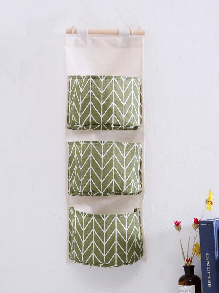 Three-Pocket Hanging Wall Storage Bag – Cotton Linen Organizer for Bedroom, Living Room & Kitchen