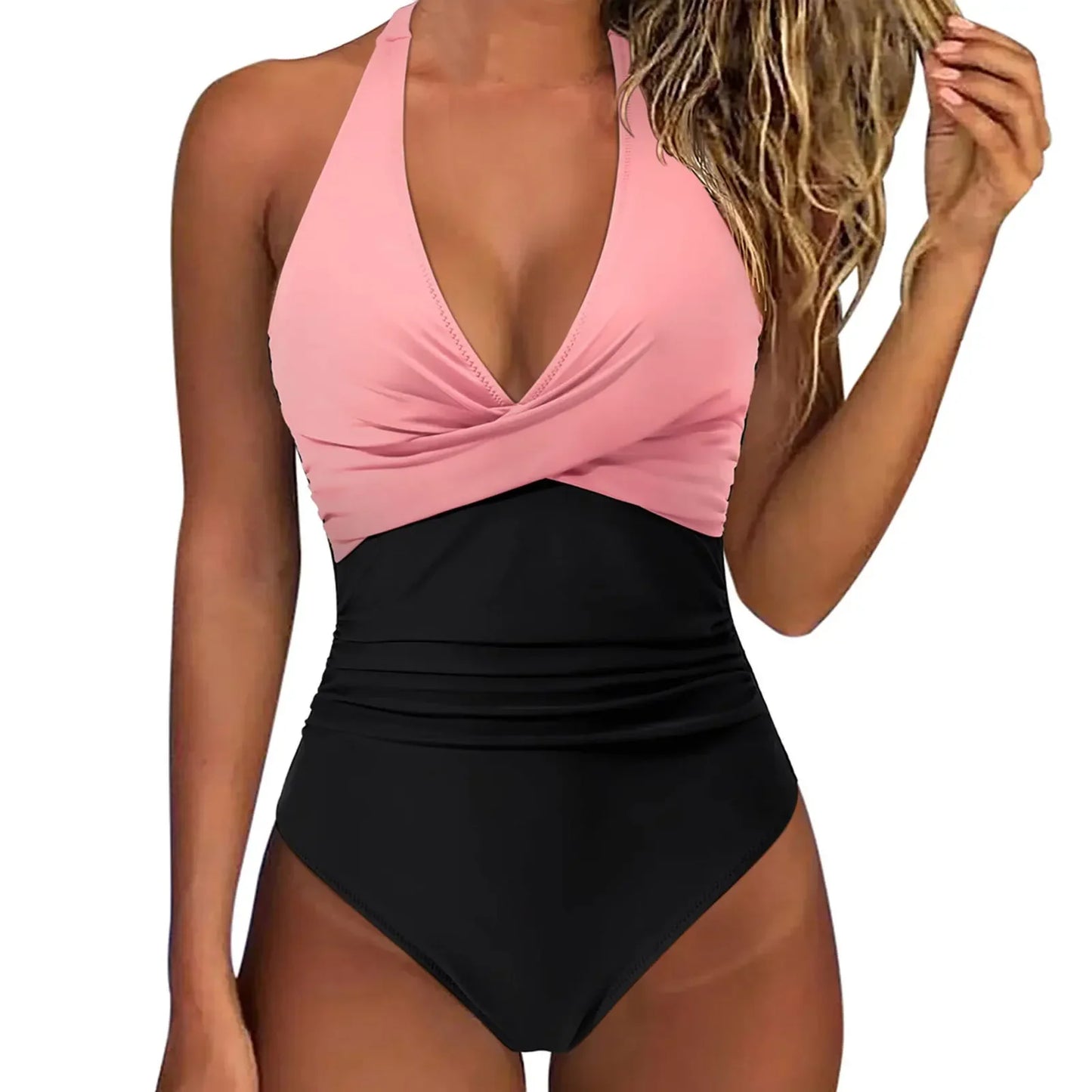 Women’s Wrinkled Halter V-Neck One-Piece Swimsuit – Backless Monokini Bathing Suit, Swim Beachwear Bodysuit S-XXL