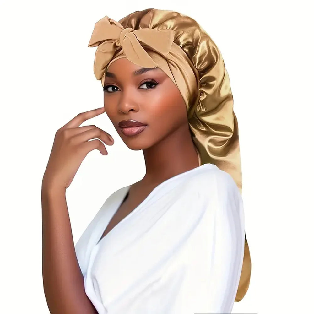 Bowknot Braid Bonnet - Unscented Satin Sleep Cap with Elastic Band and Long Tie, Breathable Night Hair Bonnet for Women