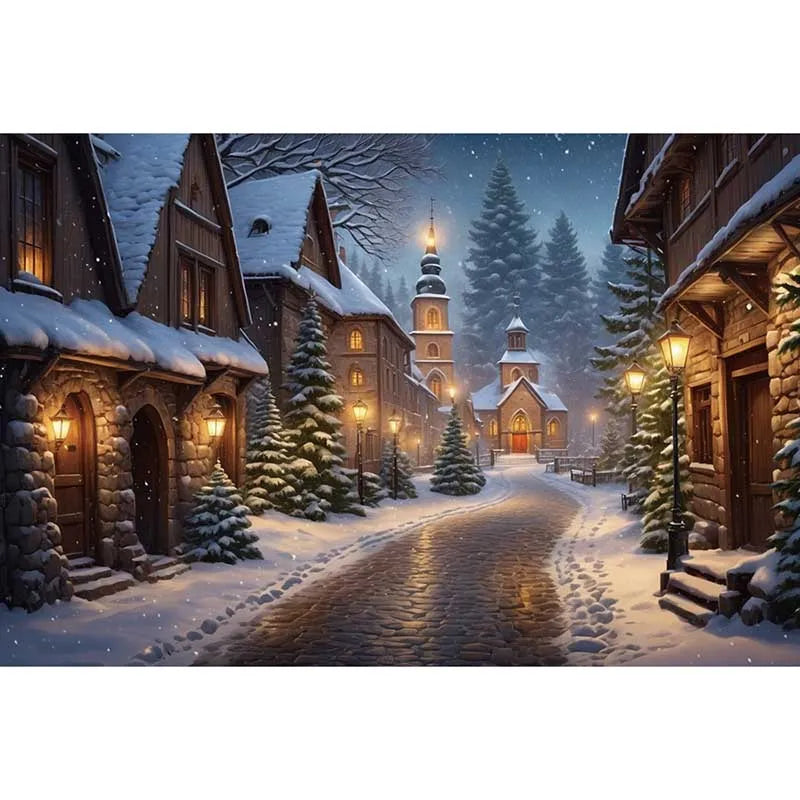 MOON.QG Christmas Santa Claus Village Backdrop – Holiday Photo Studio Background with Trees & Gifts for Home Decoration