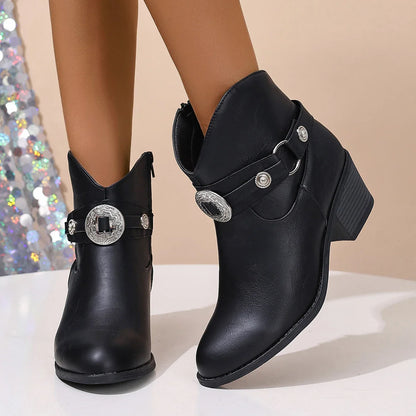 Women’s Round Toe Buckle Strap Boots – Copper Side Zipper Comfortable Versatile Commuting Bare Boots