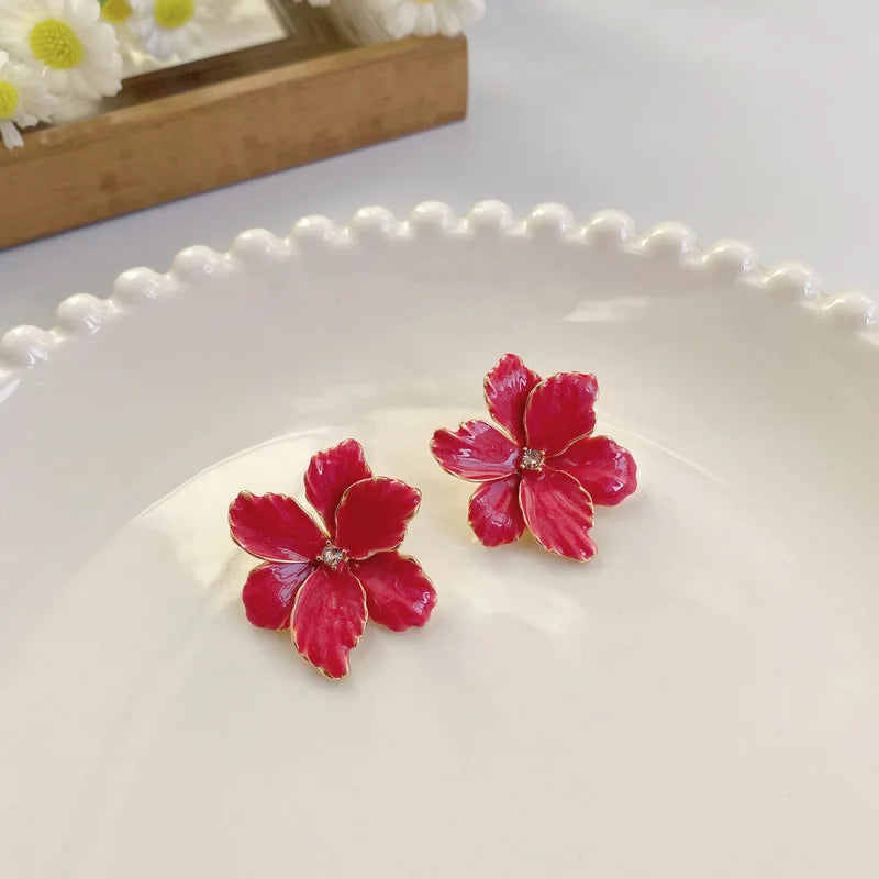 Modern 925 Silver Red Flower Stud Earrings — Spring/Summer Popular Big Earrings for Women & Girls, Fashion Jewelry Gift