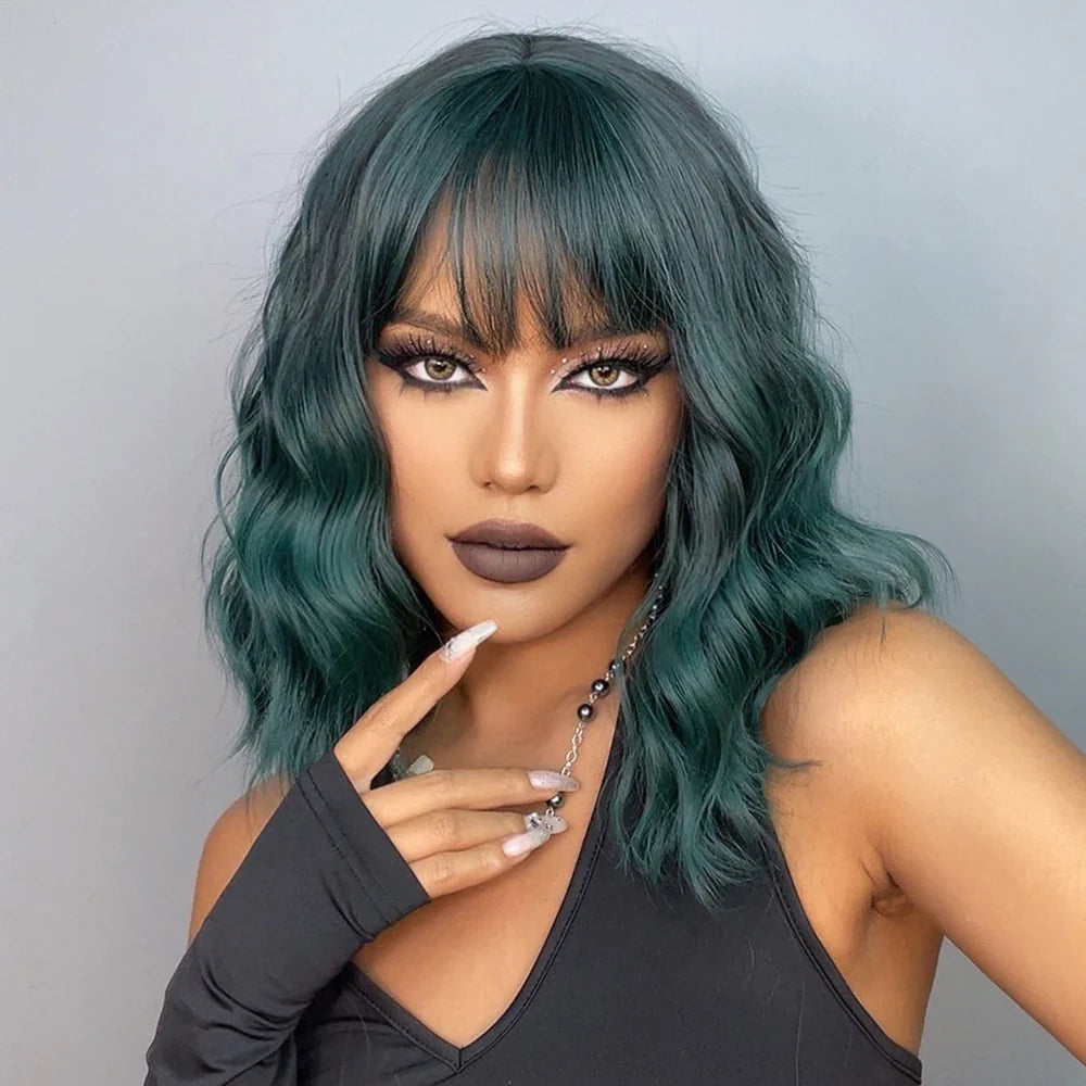 Short Wavy Green Synthetic Wig for Women – Green Cosplay Bob Wig with Bangs, Lolita Party Hair, Heat-Resistant Natural Fake Hair