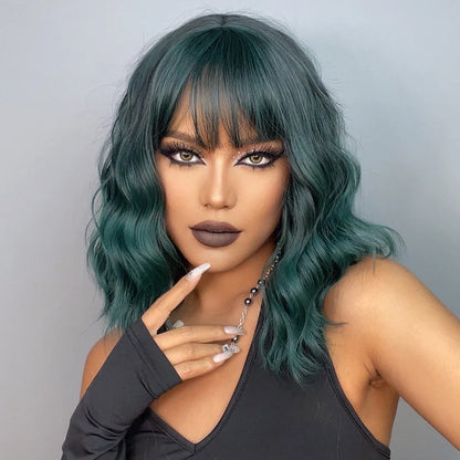 Short Wavy Green Synthetic Wig for Women – Green Cosplay Bob Wig with Bangs, Lolita Party Hair, Heat-Resistant Natural Fake Hair