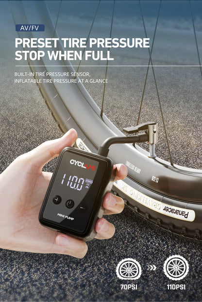 CYCLAMI HW125 150PSI Portable Electric Bike Air Pump – Rechargeable Mini Tire Inflator for Schrader & Presta Valves