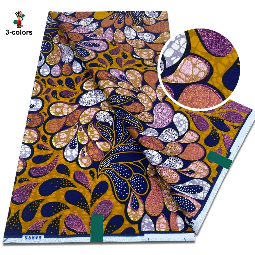 2026 African Glitter Glam Wax Fabric - 100% Cotton Golden Ankara Print 6 Yards