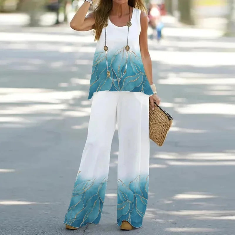 Women Printed 2-Piece Summer Suit Set – Sleeveless Round Neck Top & Wide Leg Pants Casual Loose Fit Outfit
