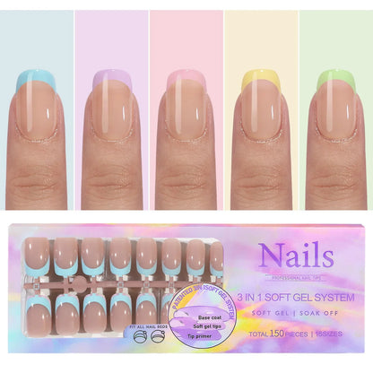 150pcs Fake Almond French Nails – Multi-Size Press-On Acrylic Nails in 6 Colors, Removable & Convenient