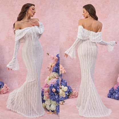 Suninheart White Off-Shoulder Bodycon Dress – 2025 Elegant Lace Long Sleeve Maxi Dress for Women, Wedding Guest Outfit