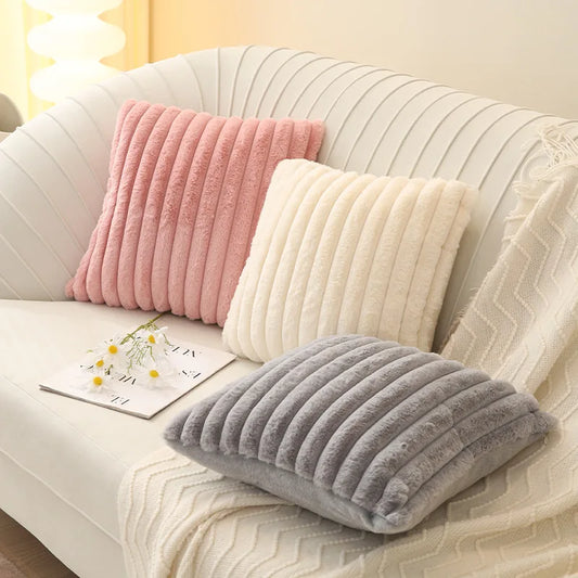 Faux Rabbit Fur Square Cushion Cover – Thick Striped Super Soft Solid Color Pillow, 45x45cm Sofa Decor