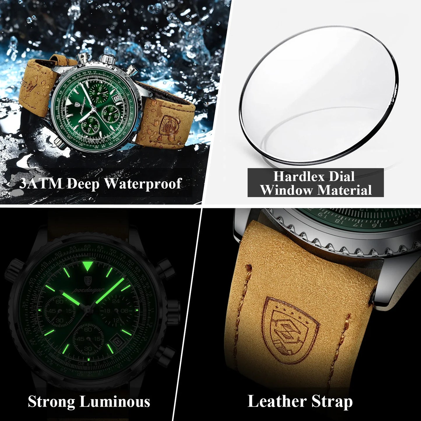 POEDAGAR Luxury Men's Quartz Watch Waterproof Luminous Date Chronograph Leather Military Sports Wristwatch
